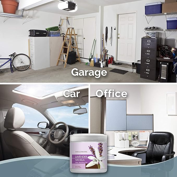 SMELLS BEGONE 15oz Gel Odor Eliminator - Absorb & Remove Tough Odors in Pet Areas, Bathrooms, Basements, Garage, Cars, RVs & Boats - Eliminate Odors Quickly (1-Pack, Lavender Vanilla)