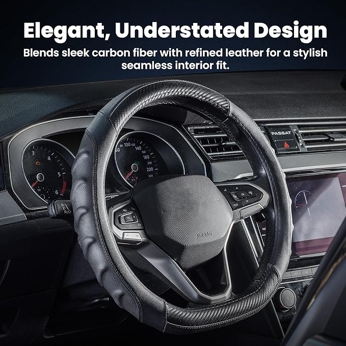 Carbon Fiber D Shaped Steering Wheel Cover – Universal 15 Inch (14.5-15″) Flat Bottom Steering Wheel Cover – Non Slip Leather Grip with Gel Comfort Padding – Sporty Design for Cars, SUVs & Trucks