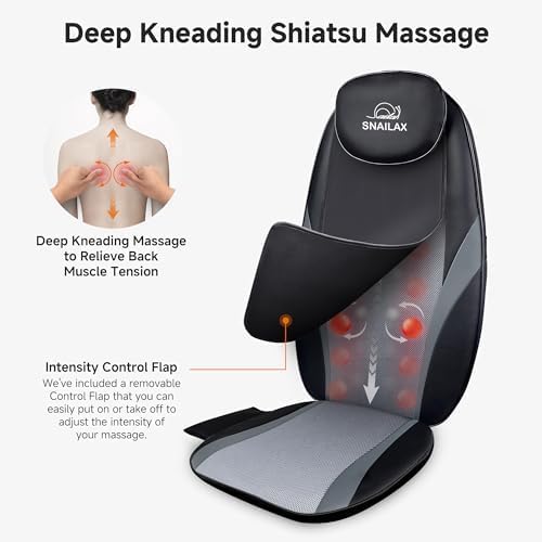 Snailax Shiatsu Massage Cushion with Heat Massage Chair Pad Kneading Back Massager for Pain Relief Deep Tissue 3D Roller Travel Up/Down to Relax Tense Muscle, Office Home Use