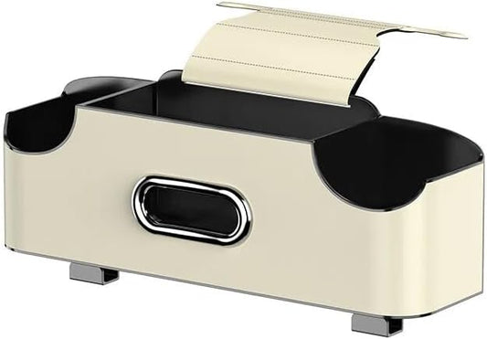 Back Seat Car Organizer, 4-in-1 Car Backseat Organizer with Cup Holder and Storage, Universal Leather Multifunctional Seat Back Storage with Tissue Box,Phone Holder, Trash Bin & Hooks (WHITE)