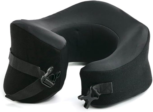 C CUSHION LAB Extra Support Travel Pillow, Award-Winning Patented Ergonomic Design for Chin & Neck Support Memory Foam Neck Pillow, Compact Airplane Pillow for Traveling, Flight, Car (Black, Large)