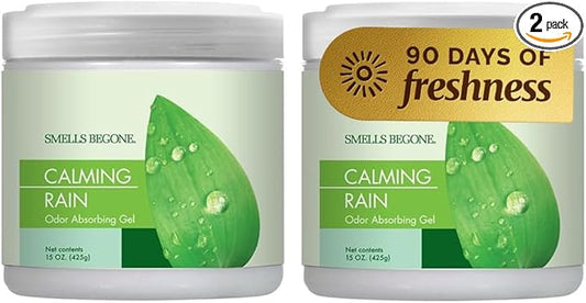 SMELLS BEGONE 15oz Gel Odor Eliminator - Absorb & Remove Tough Odors in Pet Areas, Bathrooms, Basements, Garage, Cars, RVs & Boats - Eliminate Odors Quickly (2-Pack, Calming Rain)