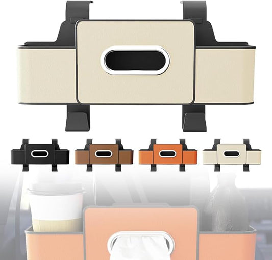 3-in-1 Car Backseat Organizer with Cup Holder,Tissue Box,Trash Bin & Hooks,Multifunctional Back Seat Car Organizer for Hold Phones,Snacks,Drinks,and Handbags (White)