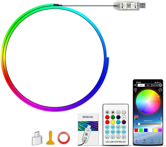 Ambient Lighting Car Led Lights Interior,43.3’’ USB Powered Acrylic Neon Flexible Strip Fiber Optic LED Ambient Lighting Kits with Remote APP, RGB Music Lights Sync for Inside car Decorations