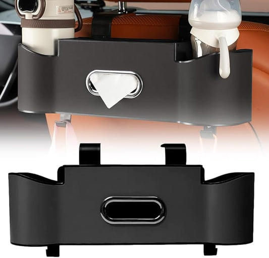 Back Seat Car Organizer with Cup Holder, 2026 New Backseat Car Organizer Back Seat, Multifunctional Car Seat Back Organizer Storage Box with Hooks & Tissue Box, for Drinks, Phone & Handbags (Black)