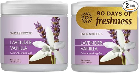 SMELLS BEGONE 15oz Gel Odor Eliminator - Absorb & Remove Tough Odors in Pet Areas, Bathrooms, Basements, Garage, Cars, RVs & Boats - Eliminate Odors Quickly (2-Pack, Lavender Vanilla)