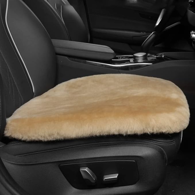 Genuine Sheepskin Auto Seat Pad,Soft Wool Seat Cover Breathable and Sweat-Wicking Comfort Warm Universal Fit (Front seat Cushion 2pcs & Rear seat Cushion 1pc, Khaki)