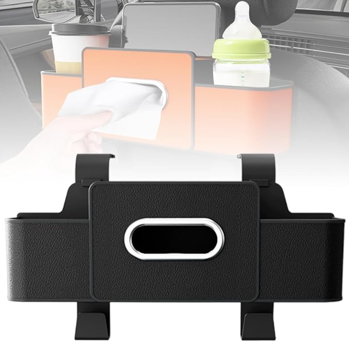 Multifunctional Car Seat Back Storage Box, 2026 New 3-in-1 Back Seat Car Organizer with Cup Holder Tissue Box Headrest Hook, Car Backseat Organizer for Hold Phone, Snacks, Drinks, Handbags (Black)