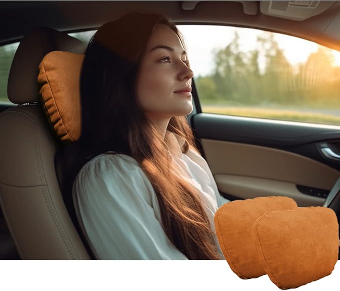 2pcs Car Neck Pillow for headrests,Support Drive Seats Head Cushion Pillows,Superfiber Suede,Plant-Based Polyester,Thickness & Height Adjustable,11.8x7.5,Inner Liner fillable(Orange Brown)