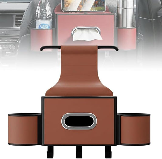 3-in-1 Car Backseat Organizer with Cup Holder, Tissue Box, Trash Bin & Hooks,Multifunctional Back Seat Car Organizer for Hold Phones, Snacks, Drinks, and Handbags (A-Orange)