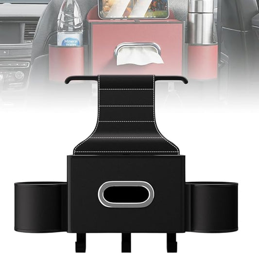 3-in-1 Car Backseat Organizer with Cup Holder, Tissue Box, Trash Bin & Hooks,Multifunctional Back Seat Car Organizer for Hold Phones, Snacks, Drinks, and Handbags (A-Black)