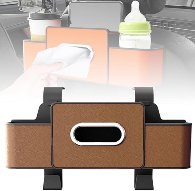 Multifunctional Car Seat Back Storage Box, 2026 New 3-in-1 Back Seat Car Organizer with Cup Holder Tissue Box Headrest Hook, Car Backseat Organizer for Hold Phone, Snacks, Drinks, Handbags (Brown)