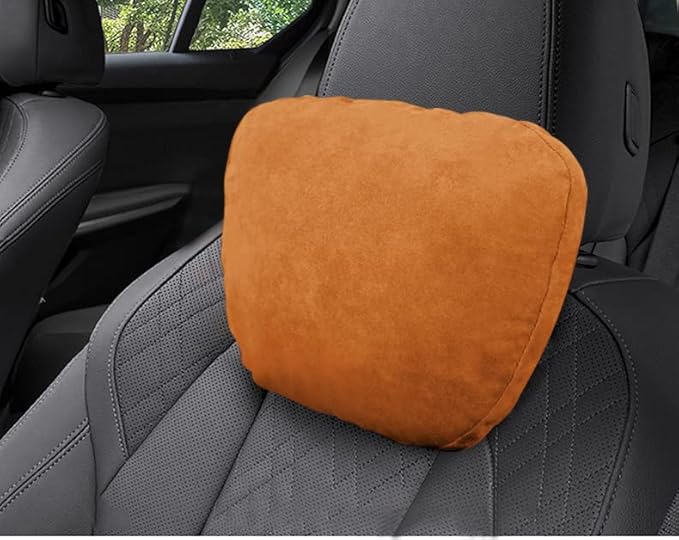 2pcs Car Neck Pillow for headrests,Support Drive Seats Head Cushion Pillows,Superfiber Suede,Plant-Based Polyester,Thickness & Height Adjustable,11.8x7.5,Inner Liner fillable(Orange Brown)