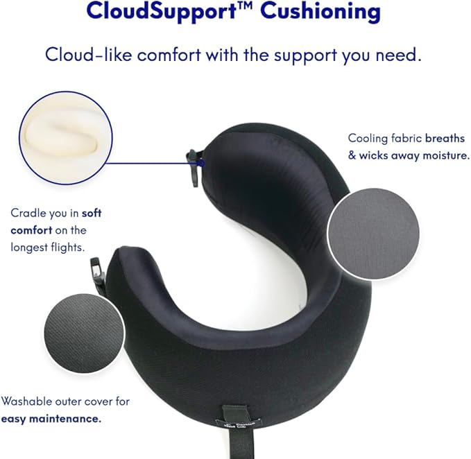 C CUSHION LAB Extra Support Travel Pillow, Award-Winning Patented Ergonomic Design for Chin & Neck Support Memory Foam Neck Pillow, Compact Airplane Pillow for Traveling, Flight, Car (Black, Medium)