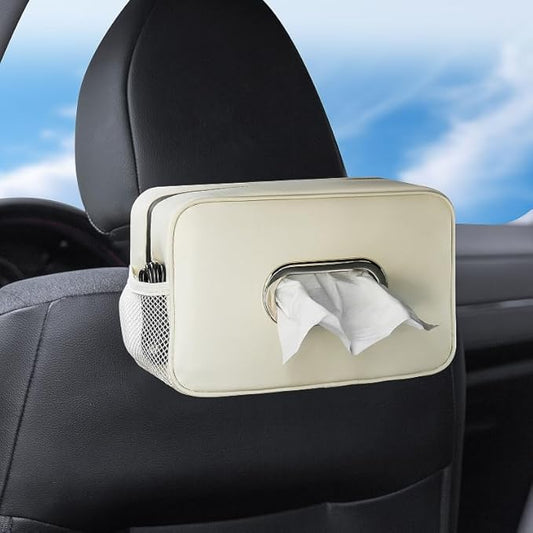 Multi-Functional Car Tissue Holder with ‌2 Storage Nets, Upgraded PU Leather Tissue Box Cover, Large Rectangle Napkin Organizer, Fit for 100-150 Regular Size Tissues, Keep Car Tidy, Beige