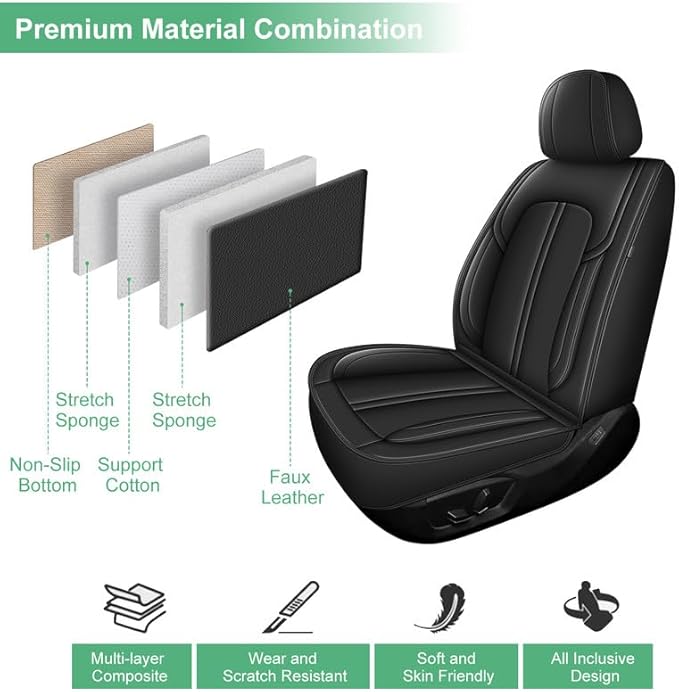 2 Front Seat Covers for Kia Soul 2010-2023 2024 2025 Faux Leather Car Seat Cover Waterproof Automotive Seat Cushion Protectors Compatible Airbag (2 Seats, Black)