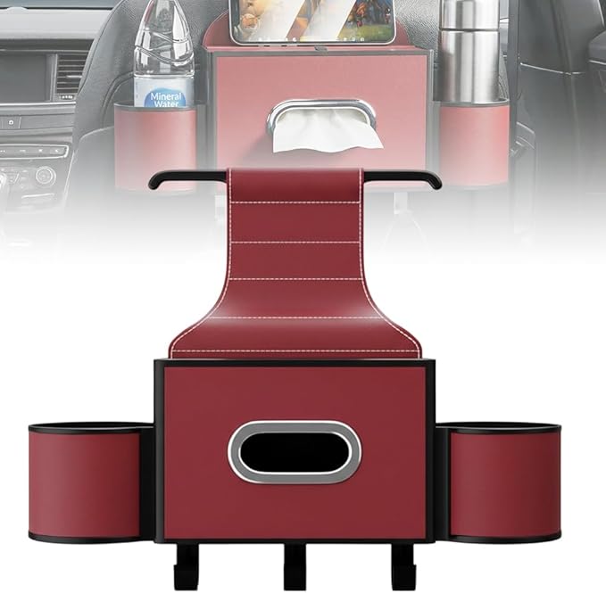 3-in-1 Car Backseat Organizer with Cup Holder, Tissue Box, Trash Bin & Hooks,Multifunctional Back Seat Car Organizer for Hold Phones, Snacks, Drinks, and Handbags (A- Red)