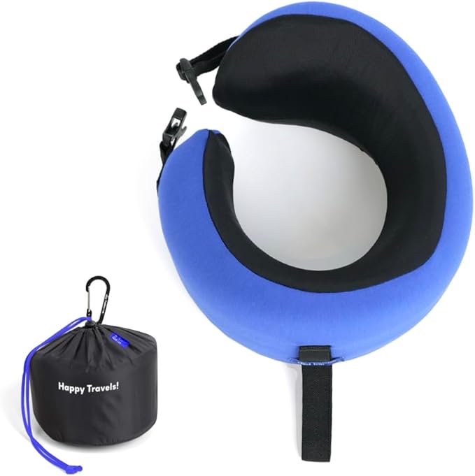 C CUSHION LAB Travel Pillow, Award-Winning Patented Ergonomic Design for Chin & Neck Support Memory Foam Neck Pillow, Compact Airplane Pillow for Traveling, Flight, Car (Cobalt Blue, Medium)