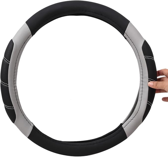 CAR PASS Line Rider Microfiber Leather Sporty Steering Wheel Cover Universal Fits for 95% Truck,SUV,Cars,14.5-15inch Anti-Slip Safety Comfortable Desgin (Black-Gray)