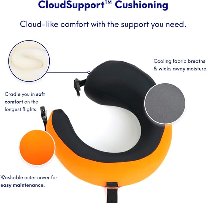 C CUSHION LAB Travel Pillow, Award-Winning Patented Ergonomic Design for Chin & Neck Support Memory Foam Neck Pillow, Compact Airplane Pillow for Traveling, Flight, Car (Dynamic Orange, Medium)