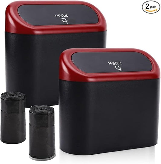 Accmor Car Trash Can with Lid, 2 Packs Mini Vehicle Trash Bin Car Dustbin Garbage Organizer Holder with 2 Roll Trash Bag, Portable Hanging Leakproof Cars Storage Bag Container for Auto, SUV (Red)
