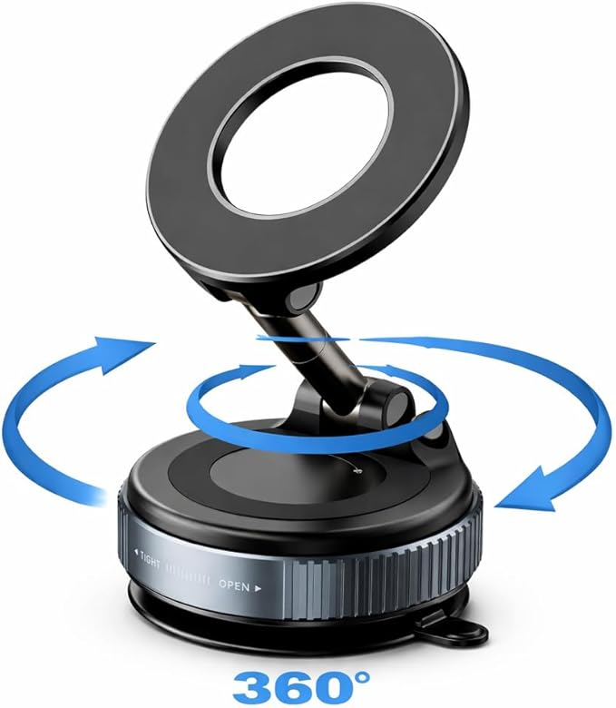 Magnetic Car Phone Mount with Metal Ring – Strong Dashboard & Windshield Holder for Smartphones, 360° Rotation, Vacuum Suction, Universal Compatibility
