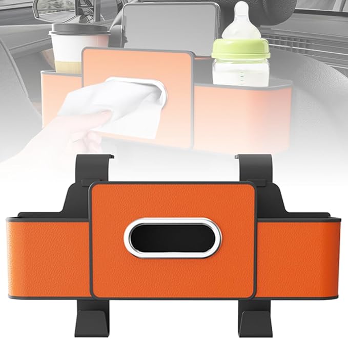 Multifunctional Car Seat Back Storage Box, 2026 New 3-in-1 Back Seat Car Organizer with Cup Holder Tissue Box Headrest Hook, Car Backseat Organizer for Hold Phone, Snacks, Drinks, Handbags (Orange)