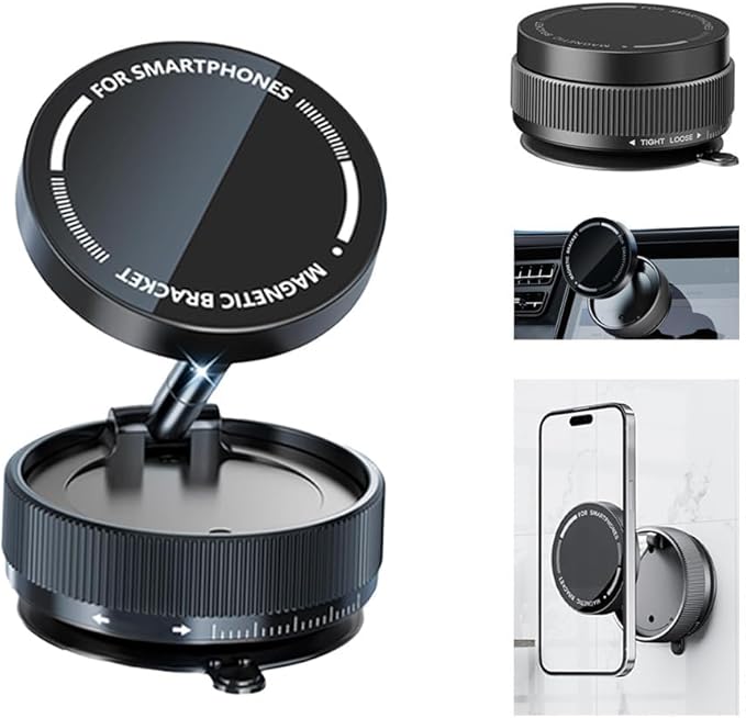 Vacuum Suction Magnetic Car Phone Holder Mount Fit All Phones,Adjustable Phone Holders for Your Car,Mechanical Knob No Need Charging,Metal Ring Stick Outside if Case Non-Magnetic (Black)