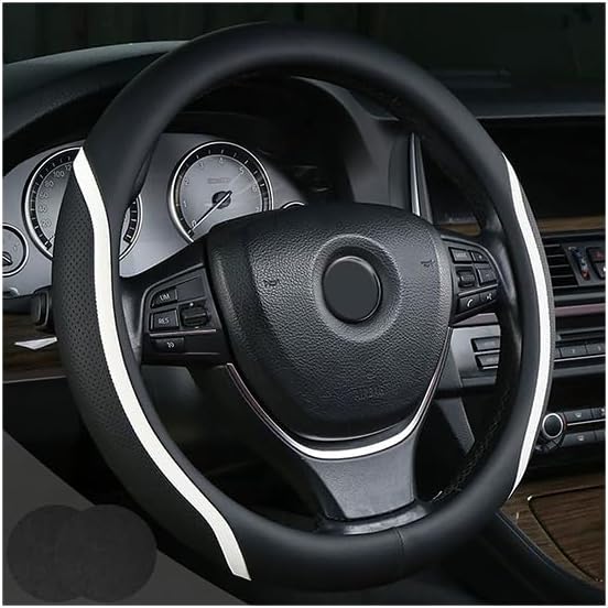 Steering Wheel Cover Black White, Carbon Fiber Car Steering Wheel Covers with Coasters Universal 14.5-15 inch Leather Microfiber Breathable Anti-Slip Steering Wheel Accessories Set