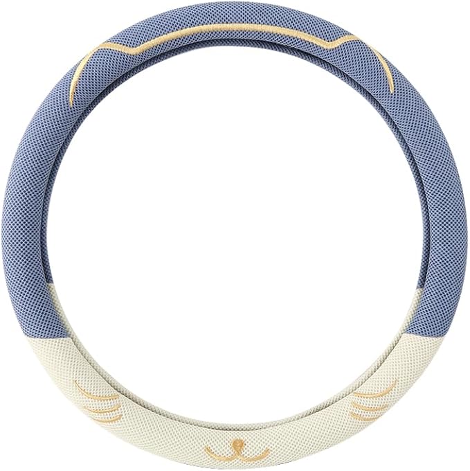38cm Car Steering Wheel Cover, Universal 15 inch, Microfiber Breathable Ice Silk, Anti-Slip, Odorless, Easy to Install, Blue and White Contrast Design, Cute Cat for Girls, Ladies, Women