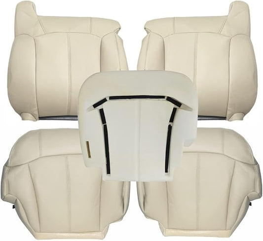 GXARTS Driver and Passenger Side Bottom and Top Lean Back Replacement Leather Seat Cover and Driver Foam Cushion Pad Compatible with Chevy Tahoe Suburban 1500 2500 1999-2002 Shale Light Tan #522/922