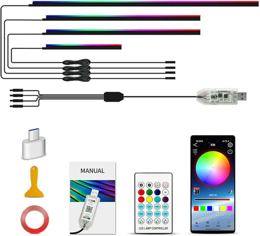 Ambient Lighting Car Led Lights Interior with APP, USB Powered Acrylic Neon Flexible Strip Fiber Optic LED Ambient Lighting kit,4 in 1 RGB Sound Active Music Lights Sync Car Decorations