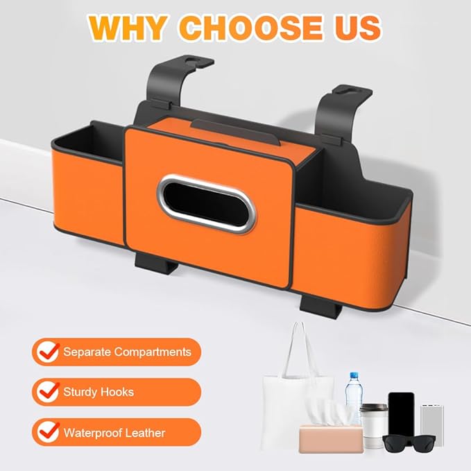 3-in-1 Car Backseat Organizer with Cup Holder, Tissue Box, Trash Bin & Hooks,Multifunctional Back Seat Car Organizer for Hold Phones, Snacks, Drinks, and Handbags (Brown)