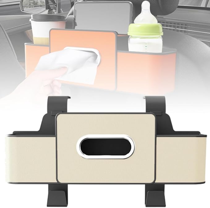 Multifunctional Car Seat Back Storage Box, 2026 New 3-in-1 Back Seat Car Organizer with Cup Holder Tissue Box Headrest Hook, Car Backseat Organizer for Hold Phone, Snacks, Drinks, Handbags (White)