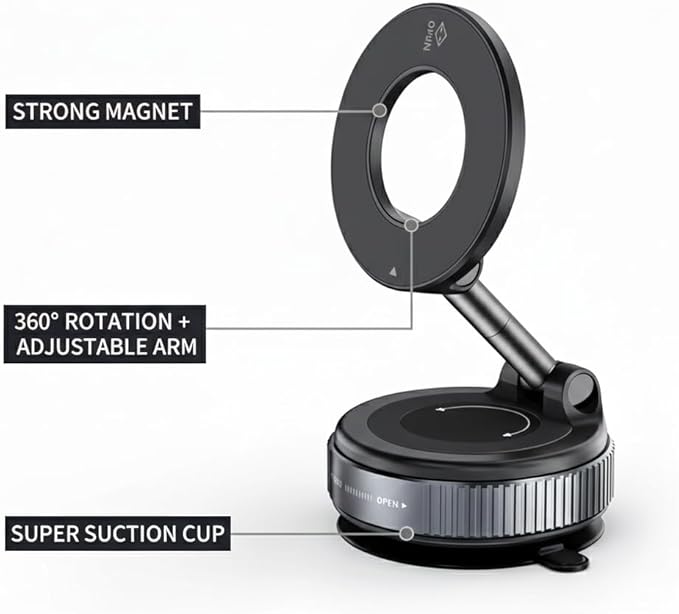Magnetic Car Phone Mount with Metal Ring – Strong Dashboard & Windshield Holder for Smartphones, 360° Rotation, Vacuum Suction, Universal Compatibility