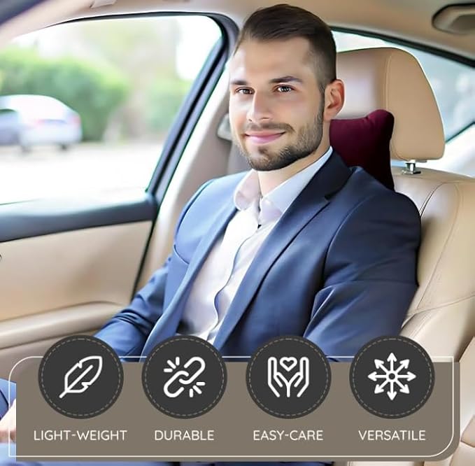 Memory Foam Car Neck Pillow for Driving - Ergonomic Headrest Pillow, Adjustable Strap - Car Seat Neck Support - Relieves Neck Pain for Road Trips & Daily Commutes Universal Fit Car Pillow (Pack of 2)