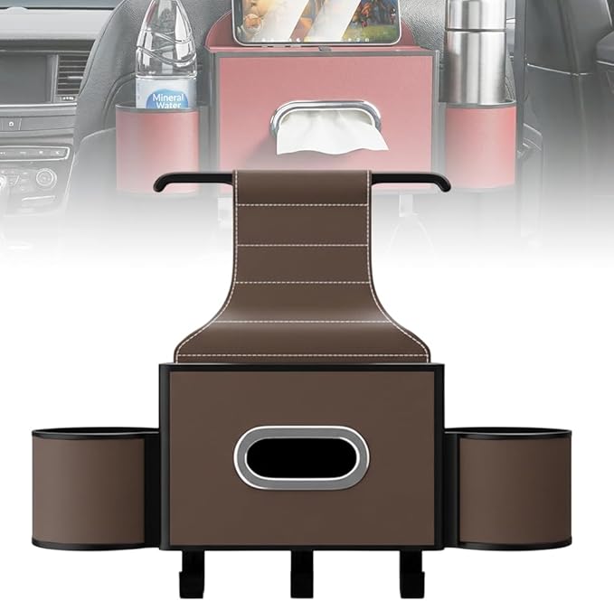 3-in-1 Car Backseat Organizer with Cup Holder, Tissue Box, Trash Bin & Hooks,Multifunctional Back Seat Car Organizer for Hold Phones, Snacks, Drinks, and Handbags (A-Coffee)