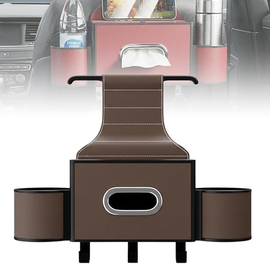 3-in-1 Car Backseat Organizer with Cup Holder, Tissue Box, Trash Bin & Hooks,Multifunctional Back Seat Car Organizer for Hold Phones, Snacks, Drinks, and Handbags (A-Coffee)