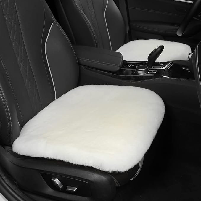 Genuine Sheepskin Auto Seat Pad, Australian Soft Wool Seat Cover Breathable and Sweat-Wicking Comfort Warm Universal Fit,19.2 inch x19.2 inch (Front seat Cushion 1pc, Ivory White)