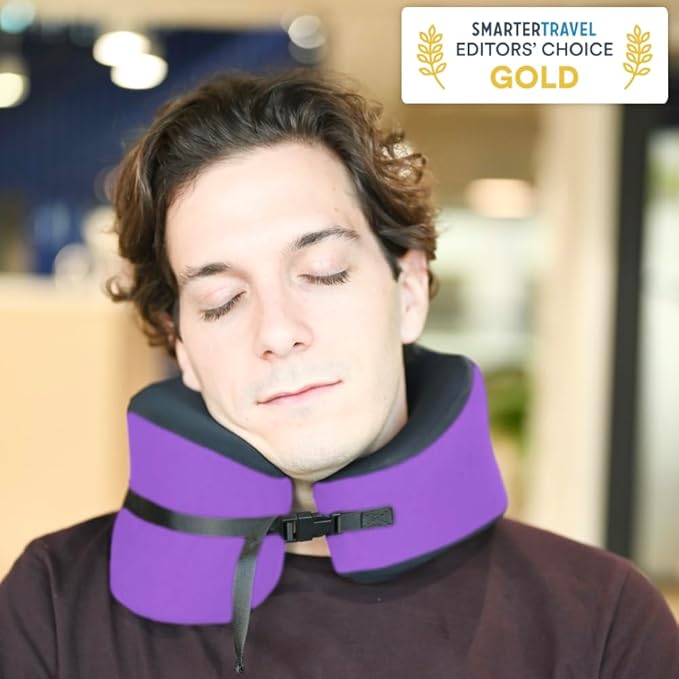 C CUSHION LAB Travel Pillow, Award-Winning Patented Ergonomic Design for Chin & Neck Support Memory Foam Neck Pillow, Compact Airplane Pillow for Traveling, Flight, Car (Royal Purple, Large)