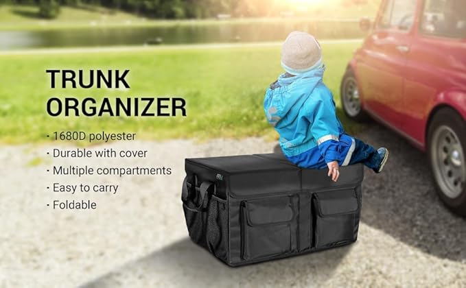MIU COLOR Car Trunk Organizer with Lid, Collapsible Car Storage Organizer with Reinforced Leather Handles, Non-Slip Bottom, Trunk Organizer for SUV, Van, Jeep (Black with Strap, Extra Large)
