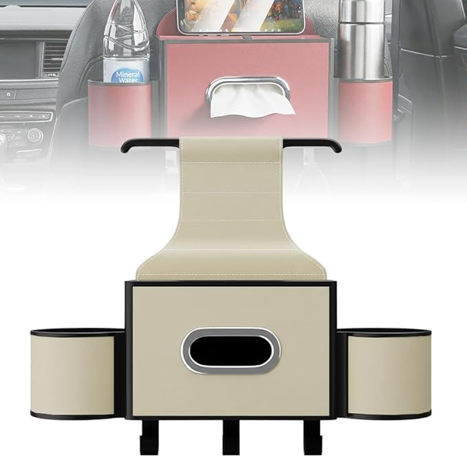 3-in-1 Car Backseat Organizer with Cup Holder, Tissue Box, Trash Bin & Hooks,Multifunctional Back Seat Car Organizer for Hold Phones, Snacks, Drinks, and Handbags (A-Beige)
