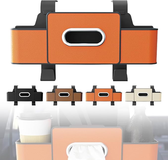 3-in-1 Car Backseat Organizer with Cup Holder, Tissue Box, Trash Bin & Hooks,Multifunctional Back Seat Car Organizer for Hold Phones, Snacks, Drinks, and Handbags (Orange)