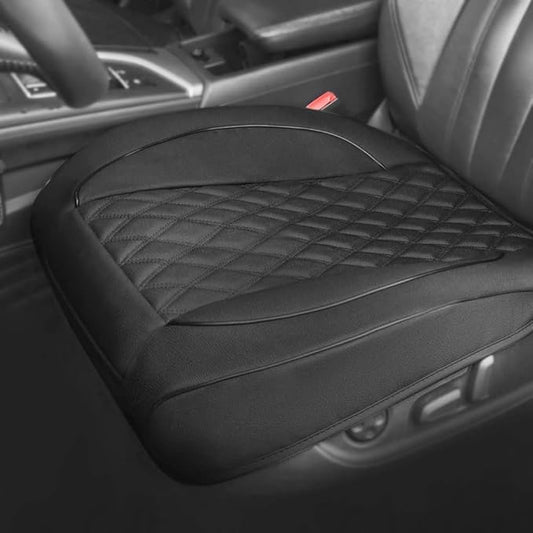 1 Pack PU Leather Quilting Front Car Seat Cover, Anti-Slip Full Wrap-Around Bottom Seat Protector Cushion with Storage Pocket, Universal Fit for Most Vehicles - Black