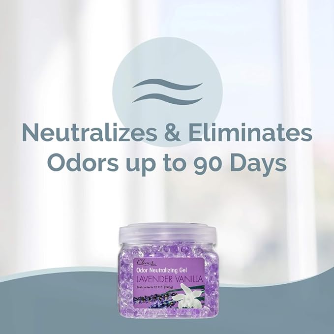 Clear Air Odor Eliminator Gel - 12 oz, Pack of 2 - Air Freshener Made with Essential Oils - Eliminates Odors in Bathrooms, Cars, Boats, RVs & Pet Areas - Lavender Vanilla Scent