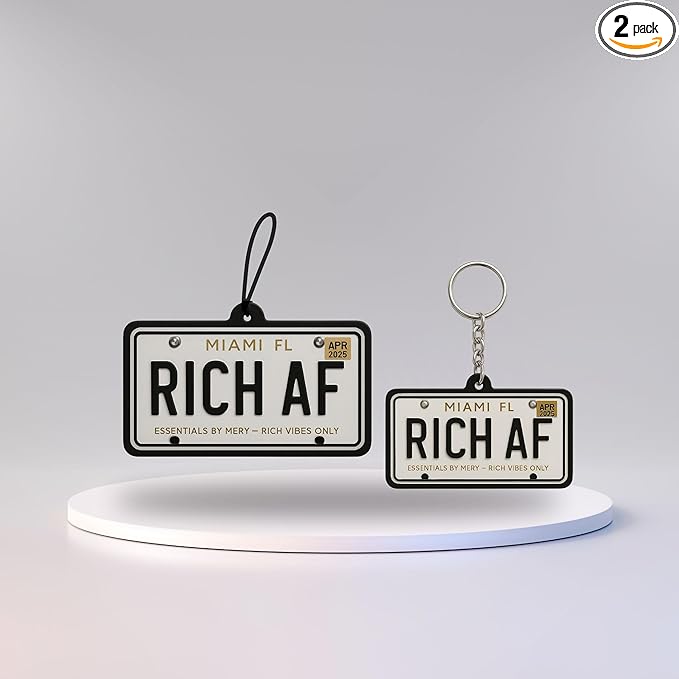 Inspirational Luxury Car Air Freshener & Keychain Bundle – 6-Piece “Essentials by Mery” Collection for Motivation & Positive Energy (Rich AF – New Car)
