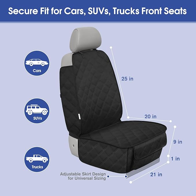 Heavy Duty Front Seat Cover with Side Flaps - Waterproof Secure Fit Captain Seat Protector for Dogs & Humans, Protects from Dirt, Fur, Scratches, Fits Cars, SUVs, Trucks, Minivans(2-Pack)