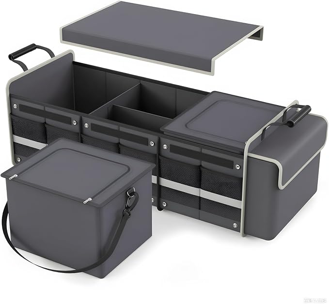Large Trunk Organizer for SUV with Premium Portable Cooler Bag, Car Organizers and Storage with Foldable Cover, Collapsible Car Trunk Organizer for Truck, Adjustable Securing Straps, 90L+20L, Gray-C