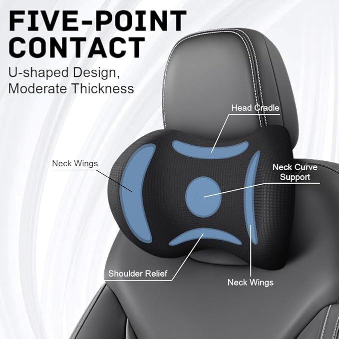 2Pack Car Neck Pillow - No Pressure & Odorless Memory Foam Car Headrest Pillow for Pain Relief, Ergonomic Support with Adjustable Strap & Breathable Removable Cover, Universal Fit(Black)