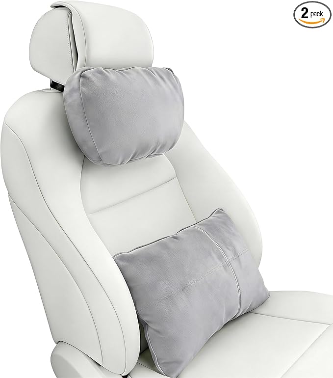 2PCS Car Pillow for Car Neck Pillow for Driving Seat Lumbar Support Soft Cushion with Extra Filling Accessories Back Support for Travel Nap and Trips Sleeping (Grey, Head and Lumbar)
